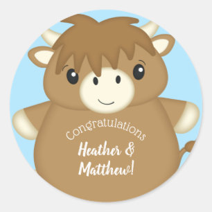 Scottish Highland Cow Baby Shower Blue Classic Round Sticker