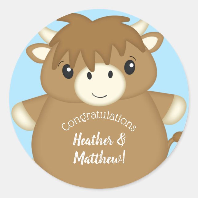 Scottish Highland Cow Baby Shower Blue Classic Round Sticker (Front)