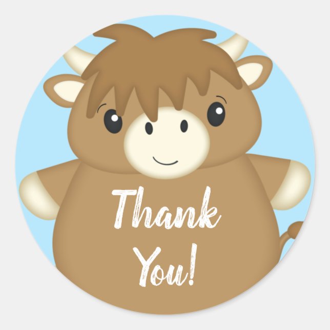 Scottish Highland Cow Baby Shower Blue Classic Round Sticker (Front)