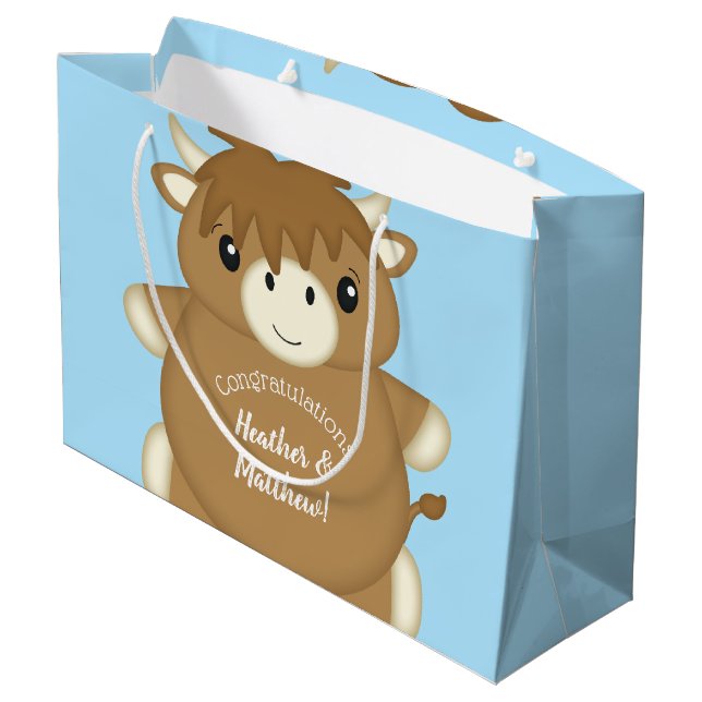 Scottish Highland Cow Baby Shower Blue Large Gift Bag (Back Angled)
