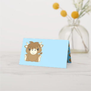 Scottish Highland Cow Baby Shower Blue Place Card