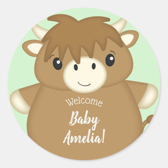 Scottish Highland Cow Baby Shower Classic Round Sticker (Front)