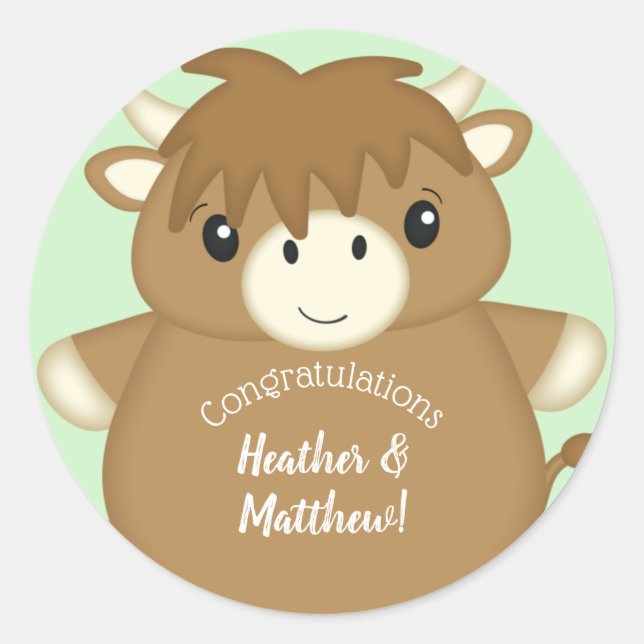 Scottish Highland Cow Baby Shower Classic Round Sticker (Front)