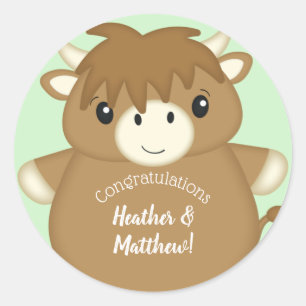 Scottish Highland Cow Baby Shower Green Classic Round Sticker