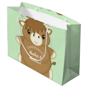 Scottish Highland Cow Baby Shower Green Large Gift Bag