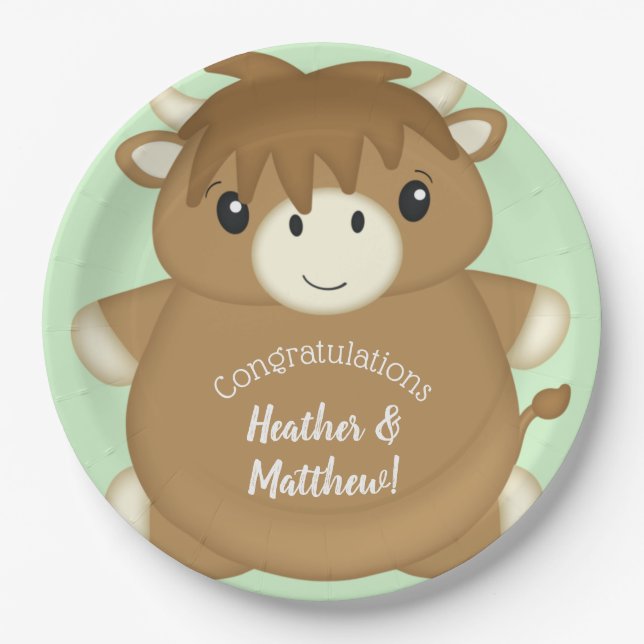 Scottish Highland Cow Baby Shower Green Paper Plate (Front)