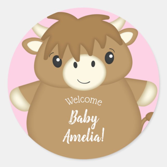 Scottish Highland Cow Baby Shower Pink Classic Round Sticker (Front)