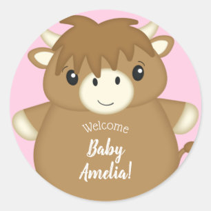 Scottish Highland Cow Baby Shower Pink Classic Round Sticker