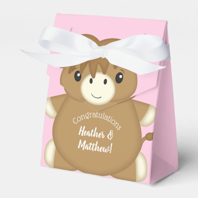 Scottish Highland Cow Baby Shower Pink Favour Box (Front Side)