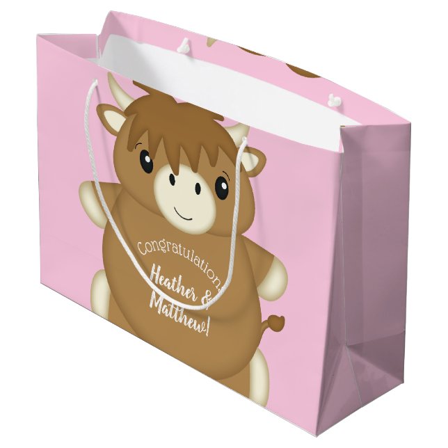 Scottish Highland Cow Baby Shower Pink Large Gift Bag (Back Angled)