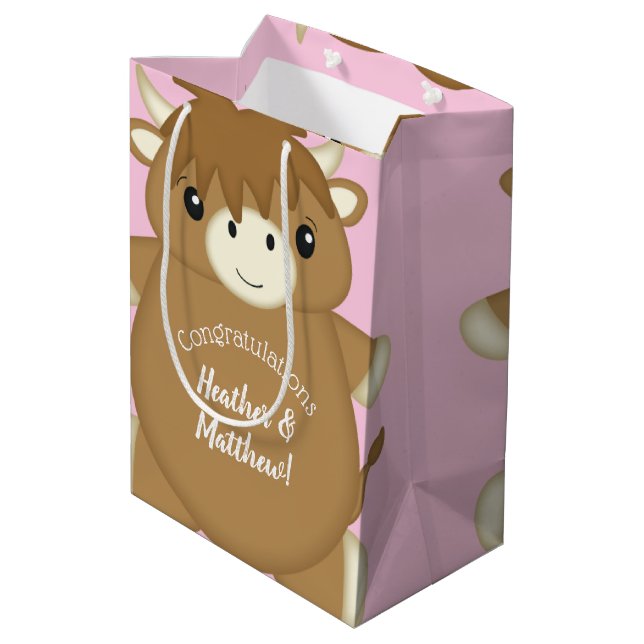 Scottish Highland Cow Baby Shower Pink Medium Gift Bag (Back Angled)