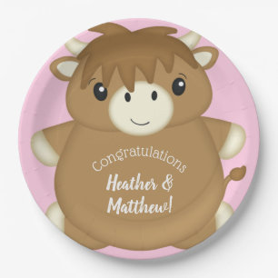 Scottish Highland Cow Baby Shower Pink Paper Plate