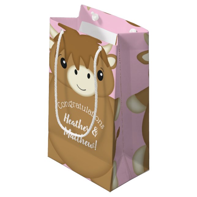 Scottish Highland Cow Baby Shower Pink Small Gift Bag (Front Angled)