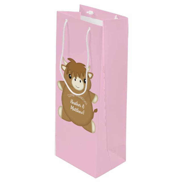 Scottish Highland Cow Baby Shower Pink Wine Gift Bag (Front Angled)