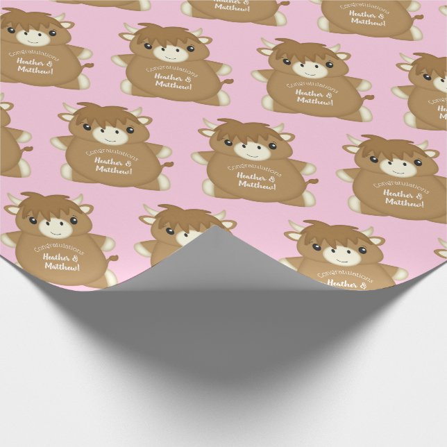 Scottish Highland Cow Baby Shower Pink Wrapping Paper (Corner)