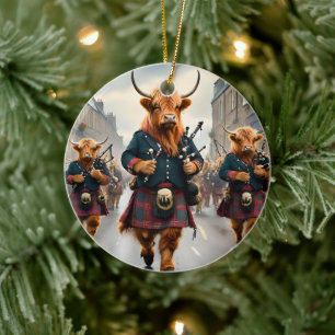Scottish Highland Cow Bagpipe Parade, Ceramic Tree Decoration