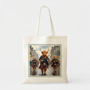 Scottish Highland Cow Bagpipe Parade, Tote Bag