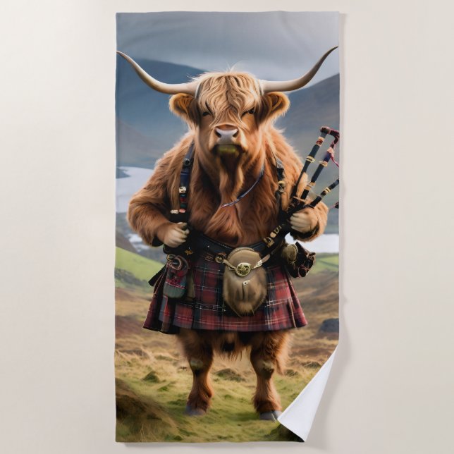 Scottish Highland Cow Bagpiper, Beach Towel (Front)