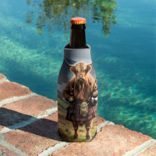 Scottish Highland Cow Bagpiper, Bottle Cooler
