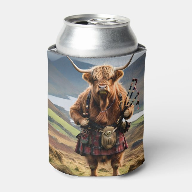Scottish Highland Cow Bagpiper,  Can Cooler (Can Front)