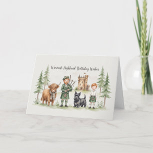 Scottish Highland Cow Bagpiper Castle Birthday Card