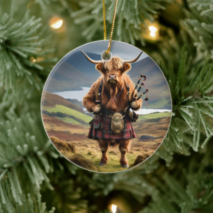Scottish Highland Cow Bagpiper,  Ceramic Tree Decoration