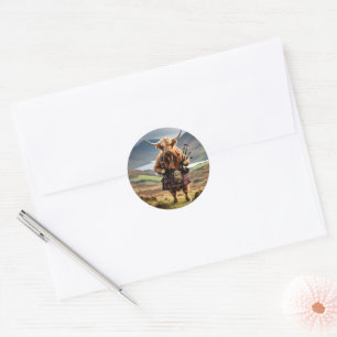 Scottish Highland Cow Bagpiper, Classic Round Sticker