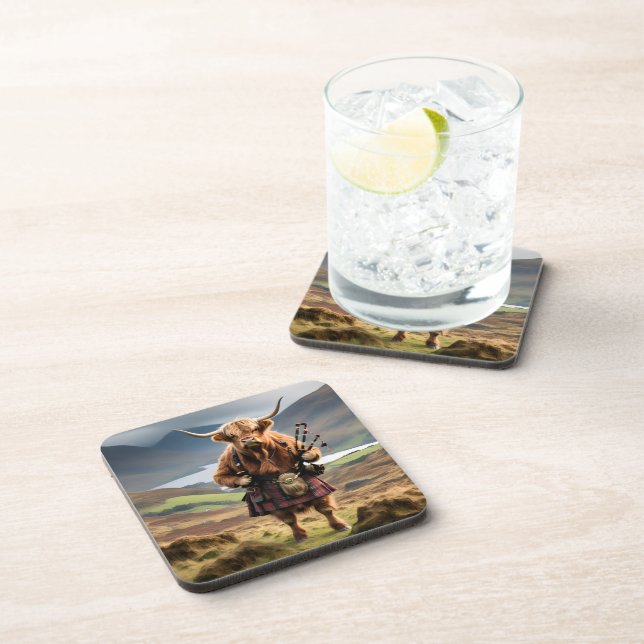 Scottish Highland Cow Bagpiper,  Coaster (Right Side)