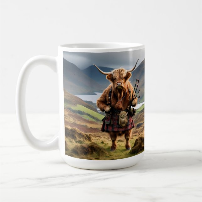 Scottish Highland Cow Bagpiper,  Coffee Mug (Left)