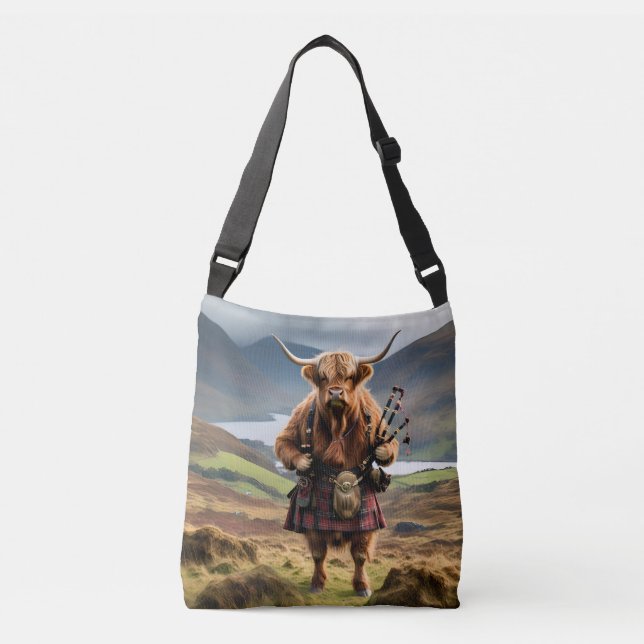 Scottish Highland Cow Bagpiper,  Crossbody Bag (Front)