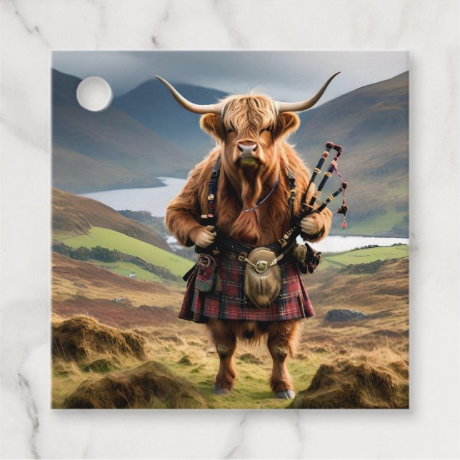 Scottish Highland Cow Bagpiper,  Favour Tags (Front)