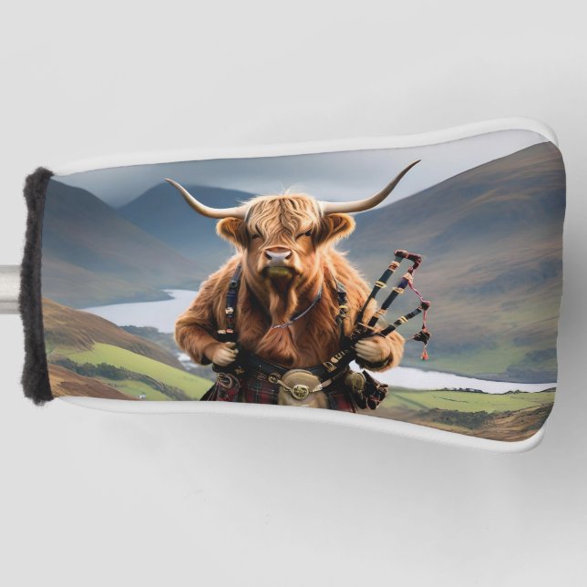Scottish Highland Cow Bagpiper, Golf Head Cover (Front)
