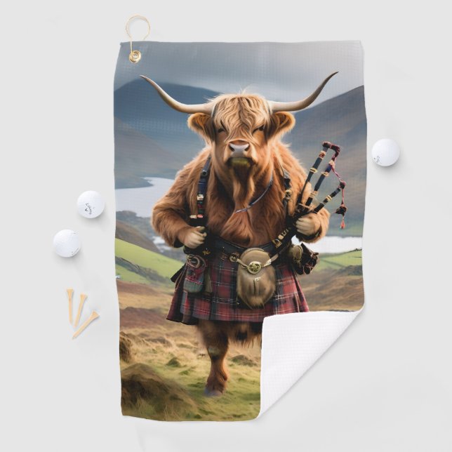 Scottish Highland Cow Bagpiper, Golf Towel (InSitu)