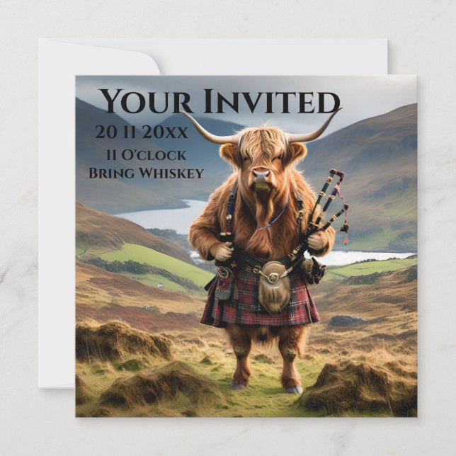 Scottish Highland Cow Bagpiper, Invitation (Front)