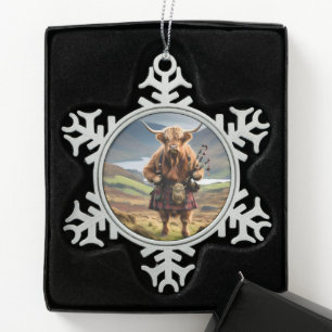 Scottish Highland Cow Bagpiper,  Snowflake Pewter Christmas Ornament