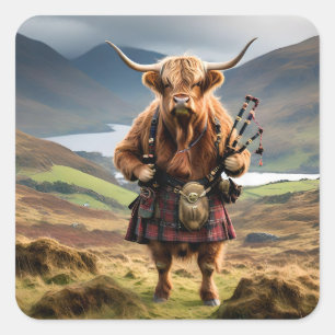 Scottish Highland Cow Bagpiper, Square Sticker