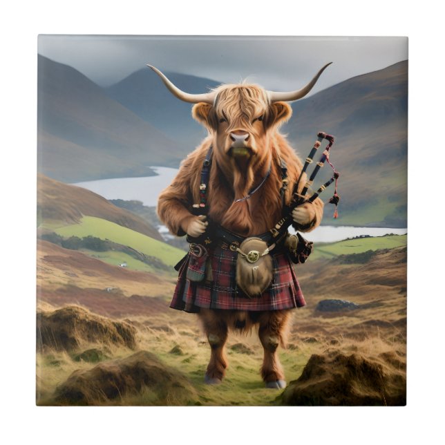Scottish Highland Cow Bagpiper,  Tile (Front)