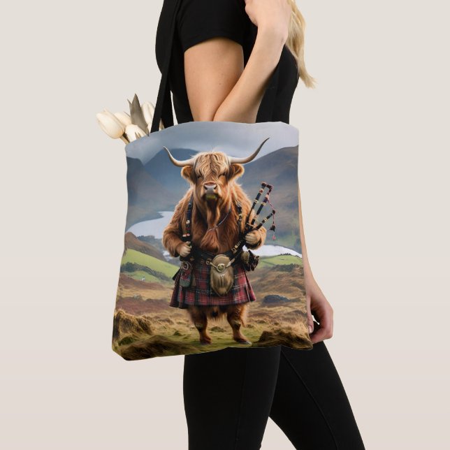 Scottish Highland Cow Bagpiper, Tote Bag (Close Up)