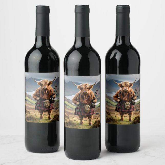 Scottish Highland Cow Bagpiper, Wine Label (Bottles)