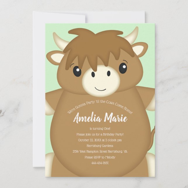Scottish Highland Cow Birthday Party Green Invitation (Front)