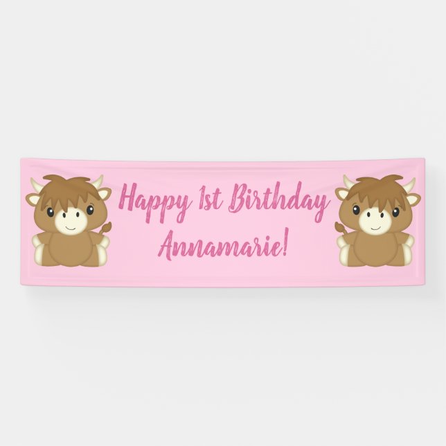 Scottish Highland Cow Birthday Party Pink Banner (Horizontal)