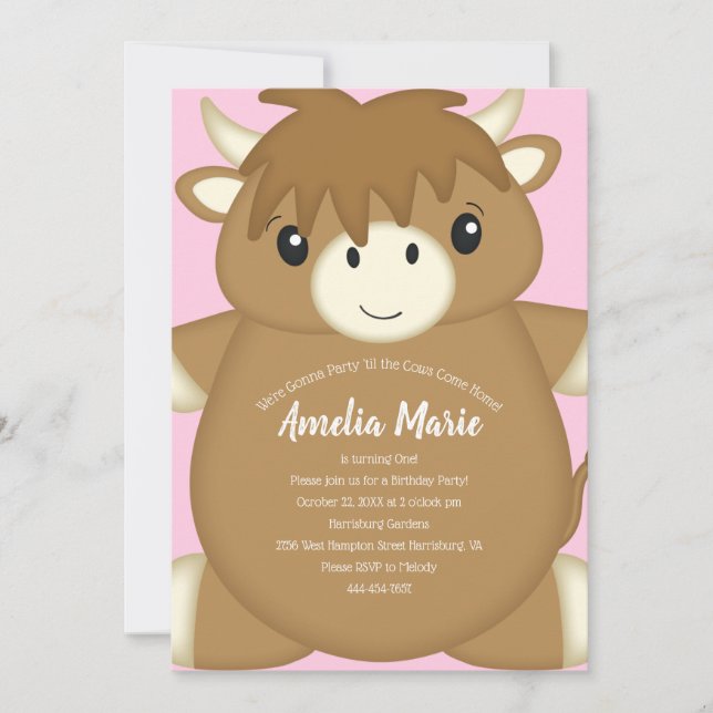 Scottish Highland Cow Birthday Party Pink Invitation (Front)