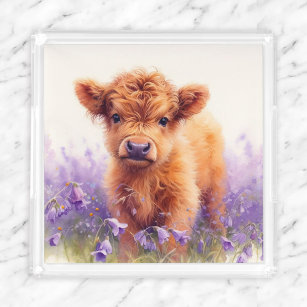 Scottish Highland Cow Calf Purple Wildflowers Acrylic Tray