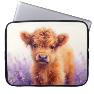 Scottish Highland Cow Calf Purple Wildflowers Laptop Sleeve