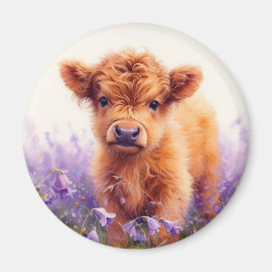 Scottish Highland Cow Calf Purple Wildflowers Magnet