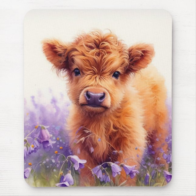 Scottish Highland Cow Calf Purple Wildflowers Mouse Mat (Front)