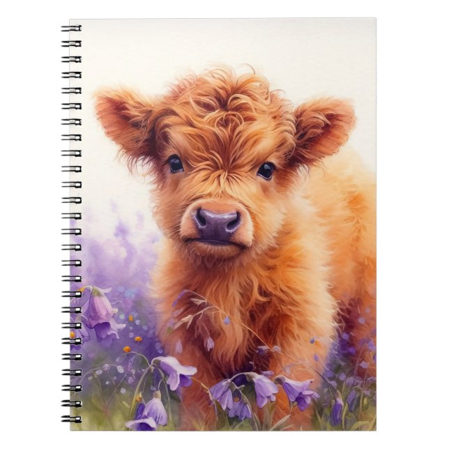 Scottish Highland Cow Calf Purple Wildflowers Notebook (Front)
