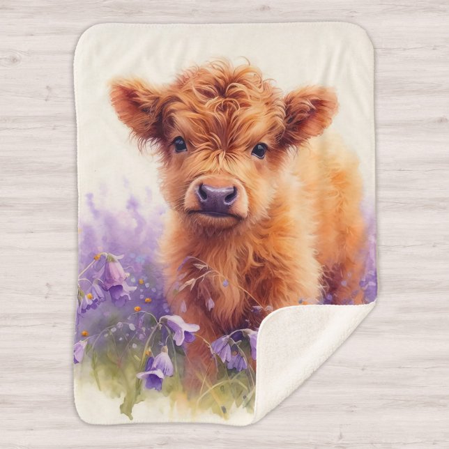 Scottish Highland Cow Calf Purple Wildflowers Sherpa Blanket (Creator Uploaded)