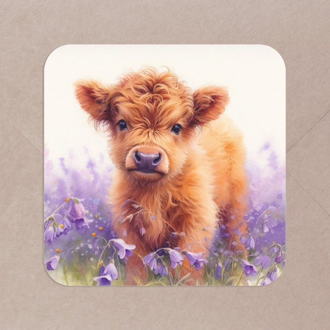 Scottish Highland Cow Calf Purple Wildflowers Square Sticker (Creator Uploaded)