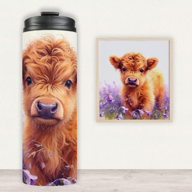 Scottish Highland Cow Calf Purple Wildflowers Thermal Tumbler (Creator Uploaded)